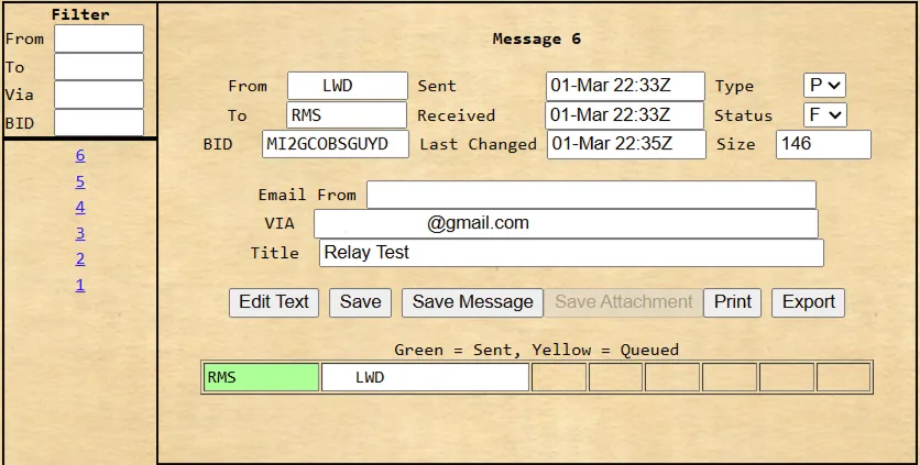 LinBPQ mail view with the message sent
